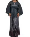 Ignite Evenings Sequined Dress With Cape In Silver In Silver