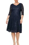 Ignite Evenings Sleeved Sweetheart Neck Sequin Lace Dress In Navy In Blue