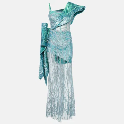 Pre-owned Ihab Jiryis Ihlab Jiryis Mermaid Blue Sheer Embellished Tulle And Lurex Jacquard Asymmetric Gown S