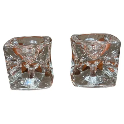Pre-owned Iittala 1960s Crystal Glass Modern Cube Candle Holder Pair In Gray