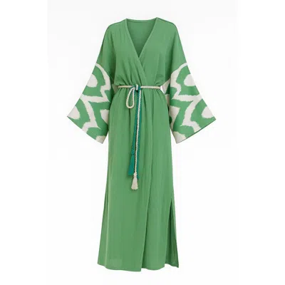 Ikatique Women's Green / White Handcrafted Silk-cotton Green Ikat Kimono
