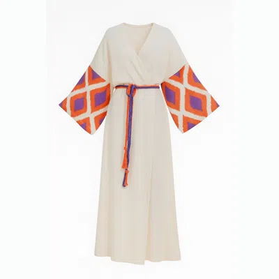 Ikatique Women's Yellow / Orange / Pink Cream Kimono With Handwoven Orange-purple Ikat Sleeves