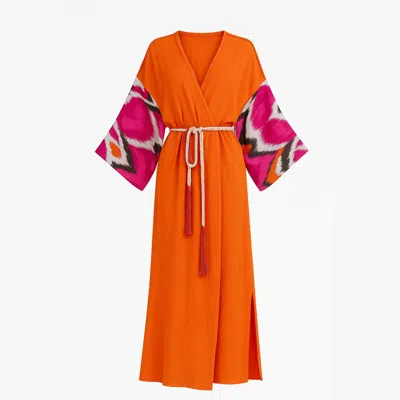 Ikatique Women's Yellow / Orange / Pink Sunset Orange Kimono With Handwoven Ikat Sleeves