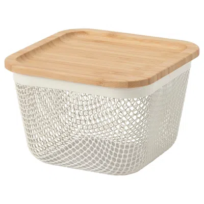 Ikea 365+ Food Storage Basket With Lid, Square Metal/white Bamboo, 5 7/8x5 7/8x4 3/8 "