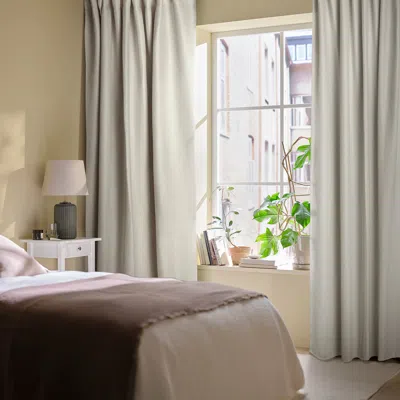 Ikea Annakajsa Room Darkening Curtains, 1 Pair, White/with Heading Tape, 57x118 " In Brown
