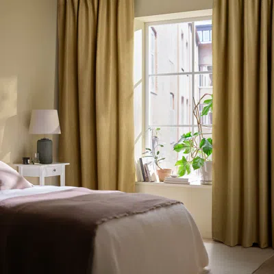 Ikea Annakajsa Room Darkening Curtains, 1 Pair, Yellow-brown/with Heading Tape, 57x118 " In Nude