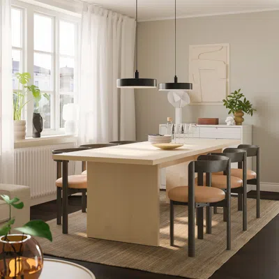 Ikea Bergshyttan / Stockholm 2025 Table And 6 Chairs, Tinted Effect Birch Veneer/leather Dark Brown, 94 1