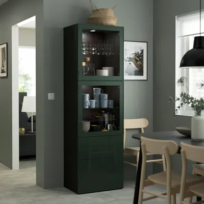 Ikea Bestå Storage Combination W/glass Doors, Black-brown Selsviken/dark Green, 23 5/8x16 1/2x76 "