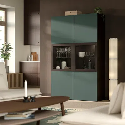Ikea Bestå Storage Combination W/glass Doors, Black-brown/krukmakare Dark Gray-green, 47 1/4x16 1/2x76 "
