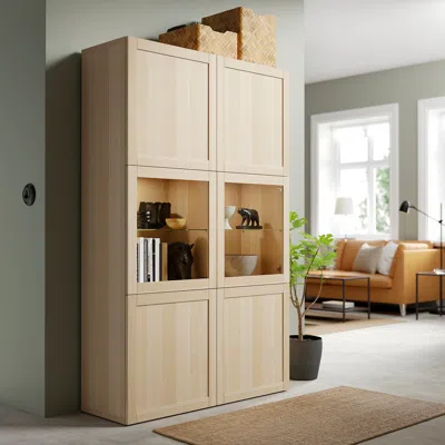 Ikea Bestå Storage Combination W/glass Doors, White Stained Oak Effect/hanviken Wht Stained Oak Effect Cl In Neutral
