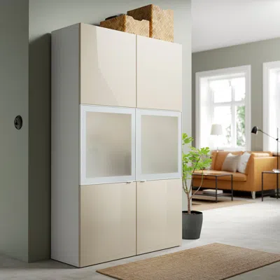 Ikea Bestå Storage Combination W/glass Doors, White/selsviken High Gloss/beige Frosted Glass, 47 1/4x16 1
