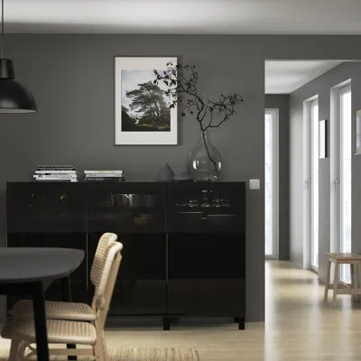 Ikea Bestå Storage Combination With Doors, Black-brown Selsviken/glassvik High Gloss/black Smoked Glass, 