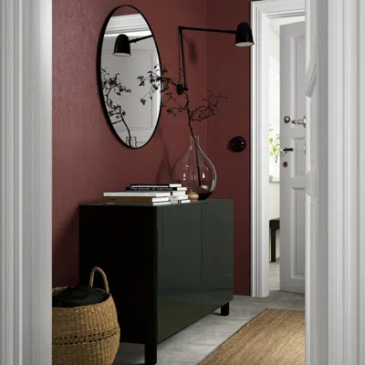 Ikea Bestå Storage Combination With Doors, Black-brown Selsviken/stubbarp/high Gloss Dark Olive-green, 47