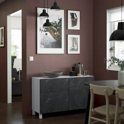Ikea Bestå Storage Combination With Doors/drawers, White Bergsviken/stubbarp/black Marble Effect, 47 1/4x