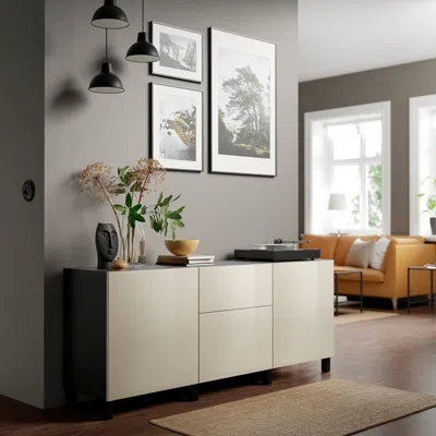 Ikea Bestå Storage Combination With Drawers, Black-brown/selsviken/stubbarp High-gloss/beige, 70 7/8x16 1 In Neutral