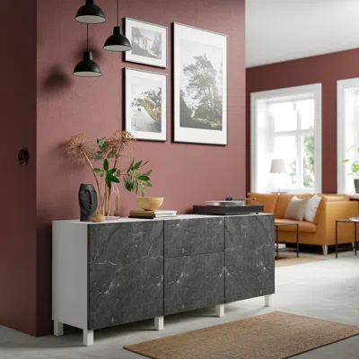 Ikea Bestå Storage Combination With Drawers, White Bergsviken/stubbarp/black Marble Effect, 70 7/8x16 1/2