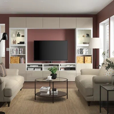Ikea Bestå Tv Storage Combination/glass Doors, White/selsviken High Gloss/beige Clear Glass, 118 1/8x16 1