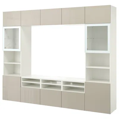 Ikea Bestå Tv Storage Combination/glass Doors, White/selsviken High Gloss/beige Clear Glass, 118 1/8x16 1