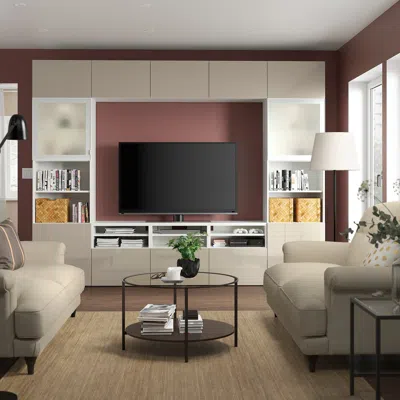 Ikea Bestå Tv Storage Combination/glass Doors, White/selsviken High Gloss/beige Frosted Glass, 118 1/8x16