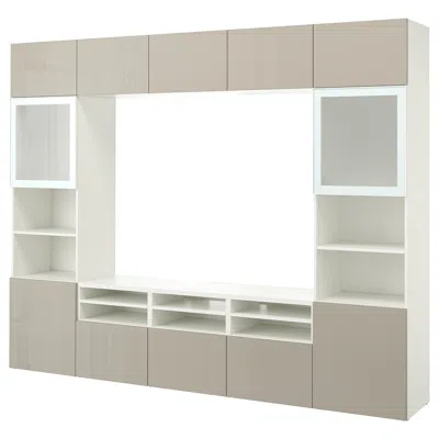 Ikea Bestå Tv Storage Combination/glass Doors, White/selsviken High Gloss/beige Frosted Glass, 118 1/8x16