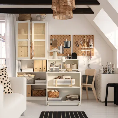 Ikea Billy / Högadal Bookcase Comb With Foldable Table, White/woven Bamboo, 63x79 1/2 "