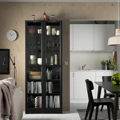 Ikea Billy / Oxberg Bookcase With Glass Doors, Black Oak Effect, 31 1/2x11 3/4x79 1/2 "