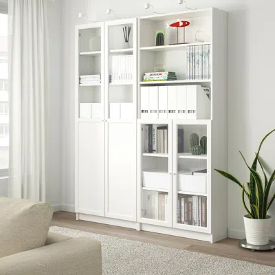 Ikea Billy / Oxberg Bookcase With Panel/glass Doors, White, 63x11 3/4x79 1/2 "