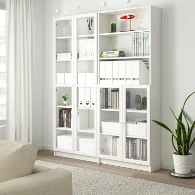 Ikea Billy / Oxberg Bookcase With Panel/glass Doors, White/clear Glass, 63x11 3/4x79 1/2 "