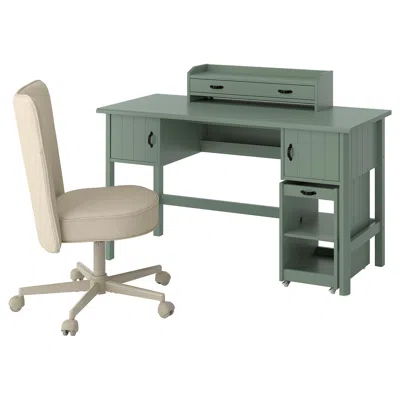 Ikea Brytning Desk And Storage Combination, And Swivel Chair Green/beige, 53 1/8x20 7/8 " In Multi