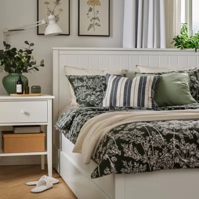 Ikea Daggbjörnbär Duvet Cover And Pillowcase(s), Dark Green/floral Pattern, Twin