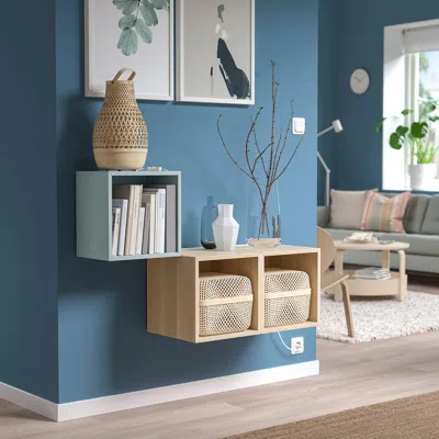 Ikea Eket Wall-mounted Cabinet Combination, Light Gray-blue/white Stained Oak Effect, 41 3/8x13 3/4x27 1/ In Brown