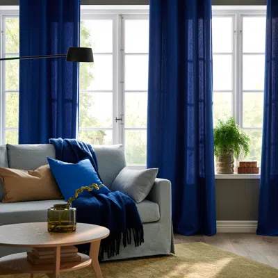 Ikea Ginstmott Curtains, 1 Pair, Dark Blue/with Heading Tape, 57x84 "