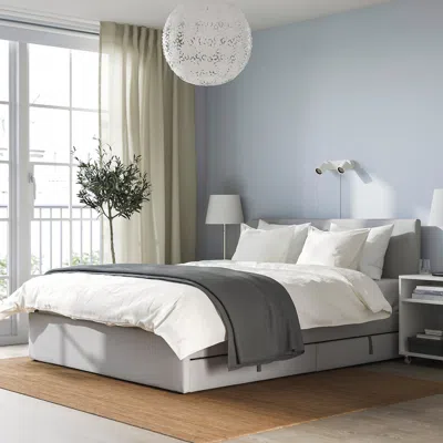 Ikea Gladstad Upholstered Bed, 2 Storage Boxes, Kabusa Light Gray, Full