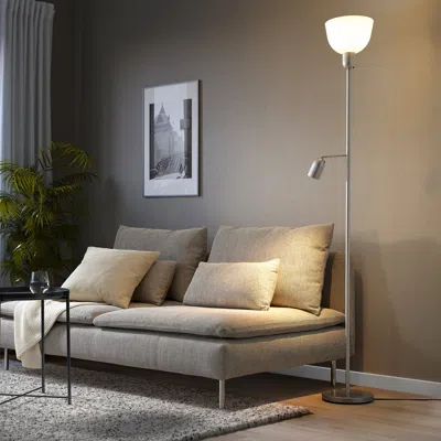 Ikea Hektogram Floor Uplighter/reading Lamp, Silver Color/white, Max.: 21.5 W