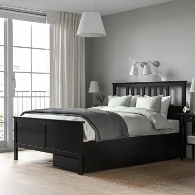 Ikea Hemnes Bed Frame With 2 Storage Boxes, Black-brown, Queen In Multi