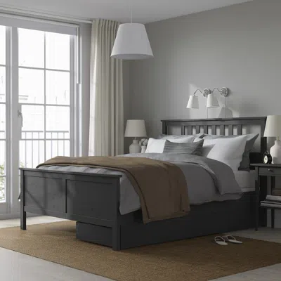 Ikea Hemnes Bed Frame With 2 Storage Boxes, Dark Gray Stained, King