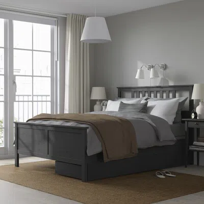 Ikea Hemnes Bed Frame With 2 Storage Boxes, Dark Gray Stained, Queen