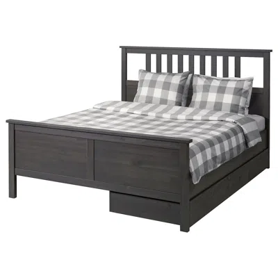 Ikea Hemnes Bed Frame With 2 Storage Boxes, Dark Gray Stained, Queen