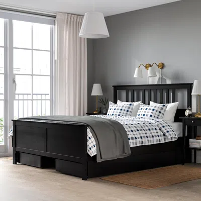 Ikea Hemnes Bed Frame With 4 Storage Boxes, Black-brown, King In Multi