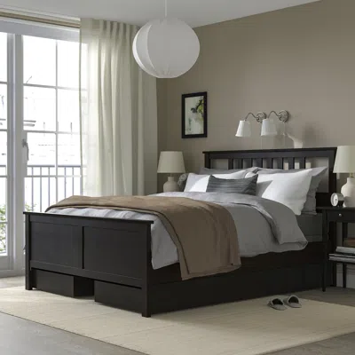 Ikea Hemnes Bed Frame With 4 Storage Boxes, Black-brown, Queen In Multi