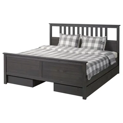 Ikea Hemnes Bed Frame With 4 Storage Boxes, Dark Gray Stained, King In Black
