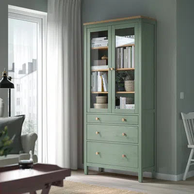 Ikea Hemnes Glass-door Cabinet With 3 Drawers, Gray-green/light Brown Stained, 35 3/8x77 1/2 "
