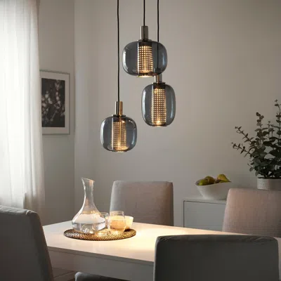 Ikea Högvind Pendant Lamp With 3 Lamps, Nickel Plated/gray Glass, 16 "