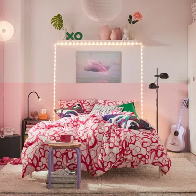 Ikea Härlir Duvet Cover And Pillowcase(s), White Bright Pink/floral Pattern, King