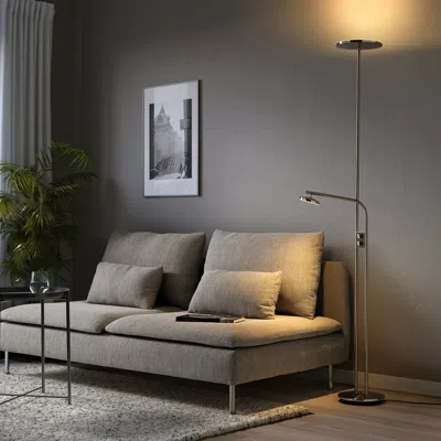 Ikea Isjakt Led Floor Uplighter/reading Lamp, Dimmable/nickel Plated, 71 "