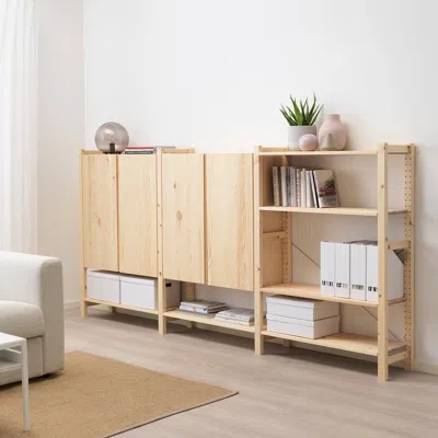 Ikea Ivar 3 Section Shelving Unit W/cabinets, Pine, 102x11 3/4x48 7/8 "