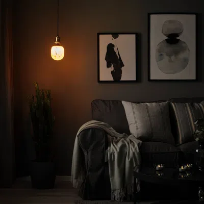 Ikea Jällby / Molnart Pendant Lamp With Led Bulb, Brass Plated/tube-shaped White/clear Glass In Black