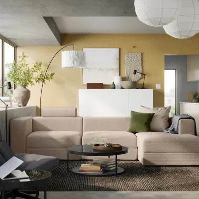 Ikea Jättebo 4-seat Mod Sofa With Chaise, Right With Headrest/samsala Gray-beige, Width: 122 "