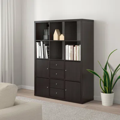 Ikea Kallax Shelving Unit, With 4 Doors/4 Drawers/black-brown, 43 7/8x57 5/8 "