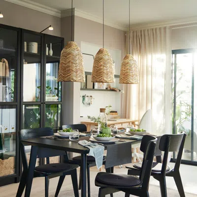 Ikea Kappeland / Havsdjup Pendant Lamp, Black/rattan, 11 3/8 "